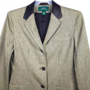 Lauren Ralph Lauren Wool Herringbone Walking Coat 12 Leather Collar Equestrian
